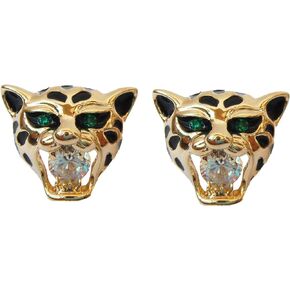 Navachi 18k Gold Plated White Crystal Zircon Leopard Tiger Head Black Enamel Ear Stud Earrings