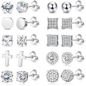 EIELO 10 Pairs Stud Earrings for Men Stainless Steel Studs Earrings for Men Women Cross CZ Round Black Earrings CZ Inlaid