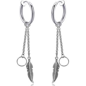 Xusamss Punk Jewelry Stainless Steel Huggie Hinged Earrings Feather Dangle Drop Earrings