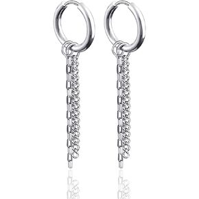 Fusamk Fashion Stainless Steel Huggie Hinged Hoop Earrings Tassel Long Chain Dangling Drop Earrings