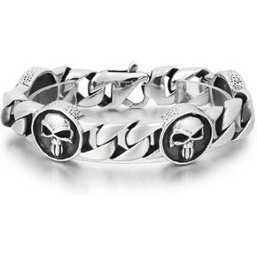 Stainless Steel Gothic Skull Linked Chain Bracelet for Men and Women,Gothic Rock Biker Skull Bracelet with Lobster Clasps Polished