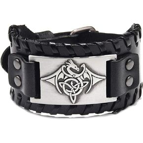 Black Celtic Dragon Leather Bracelet Irish Celtic Knot Dragon Amulet Bangle for Men Women