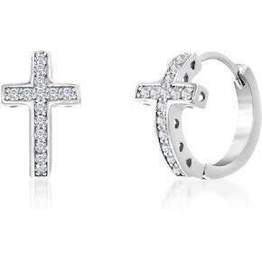 1/7 Cttw Cubic Zirconia Curved Cross Hoop Earrings for Women in Rhodium Plated Brass