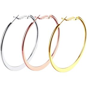 3 Pairs Big Flattened Hoop Earrings for Women, Hypoallergenic Stainless Steel Lightweghit Hoops in 14K Gold Plated/Rose Gold Plated/Silver for Women