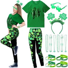 16 Pcs Women's St. Patrick's Day Costume Set Irish Shiny Shamrock T-shirts Stretchy Leggings Irish Festival Outfits