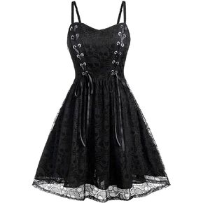 Gothic Clothes Punk Halloween Lace Skeleton Net Sleeveless Strap Drawstring Goth Clothes for Women and Girl（WineRed）