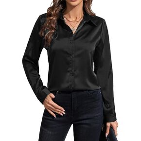 IBAOTORONI Women's Satin Button Down Shirts: Long Sleeve Classic Collared Silk Button Up Blouses Casual Work Tops
