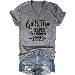 Girls Trip Cheaper Than Therapy Tshirt Women Funny Letter Print Short Sleeve V Neck T Shirt Summer Vacation Tees