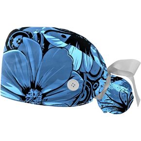Mersov 2 Packs Adjustable Working Caps, Bouffant Hat with Buttons, Stretchy Band Tie Back Scrub Hats for Women Men Tropical Flower Leaves Pattern Multicoloured 10 Medium-3X-Large
