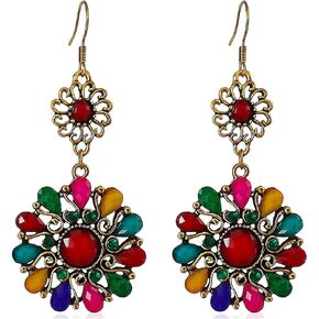 XFORLONG Vintage Style Bohemian Multicolor Dainty Created Gemstones Dangle Drop Girls National Boho Large Earrings for Women&Girls