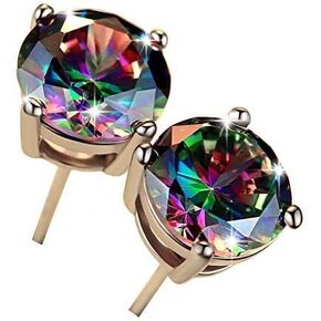 18K White Gold Plated Rainbow Quartz Stud Earrings Colourful Fashion CZ Created Mystic Stud Earrings Round Solitaire Mystic Earrings Hypoallergenic for Women Men Jewelry Gifts