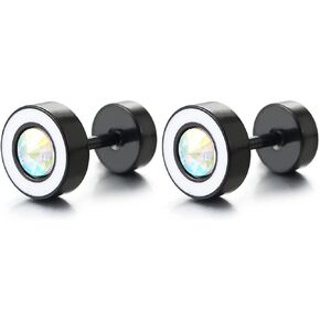 Black Circle Stud Earrings Spiked Rainbow CZ and White Enamel, Steel Cheater Fake Plugs Gauges