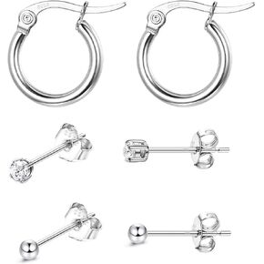 سلايس 3 ازواج من اقراط حلقية صغيرة من الفضة الاسترلينية عيار 925 3 ملم مرصعة بحجر زركونيا مكعب سواروفسكي للنساء والرجال مجموعة اقراط كروية دائرية لطيفة للذكرى السنوية in Kuwait