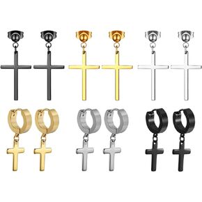 3 Pairs Stud Earrings with Cross Dangle for Men Women,Cupimatch Stainless Steel Cross Pierced Earrings Set, Screw Back