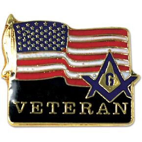 Veteran Square & Compass American Flag Masonic Lapel Pin - [Gold & Black][5/8'' Wide]
