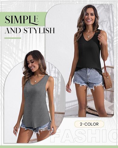 2 Pcs Women's Sleeveless Tank Tops, V Neck Shirts Loose Fit Racerback Tee Casual Summer Tunic Tank Tops with Pocket in Saudi Arabia