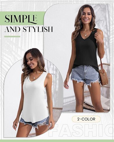 2 Pcs Women's Sleeveless Tank Tops, V Neck Shirts Loose Fit Racerback Tee Casual Summer Tunic Tank Tops with Pocket in Saudi Arabia