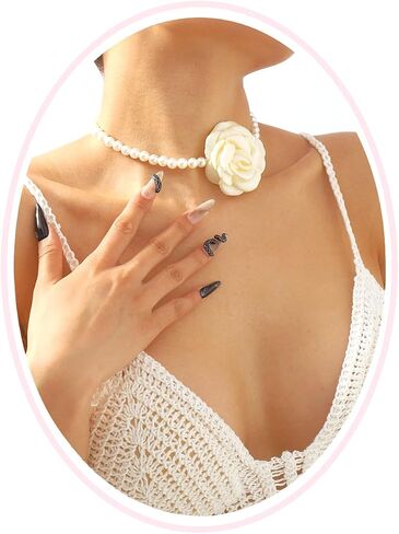 Bohemian Camellia Flower Pearl Choker Necklace for Women Teen Girls,Vintage Floral Choker Necklace,Handmade Freshwater Pearl Necklace Gentle Bride Wedding Jewelry in Saudi Arabia