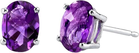 Peora Solid 14K White Gold Amethyst Earrings for Women, Genuine Gemstone Birthstone Solitaire Studs, 7x5mm Oval Shape, 1.50 Carats total, Friction Back in Saudi Arabia