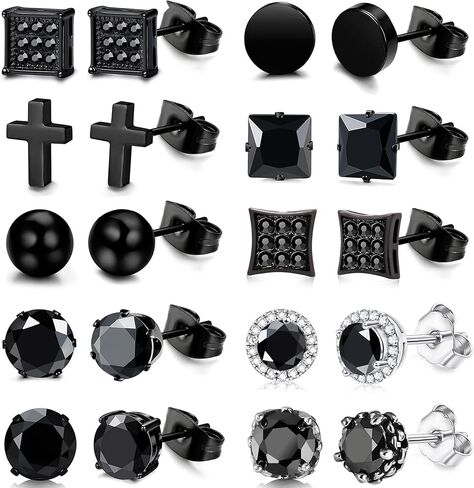 EIELO 10 Pairs Stud Earrings for Men Stainless Steel Studs Earrings for Men Women Cross CZ Round Black Earrings CZ Inlaid in Saudi Arabia