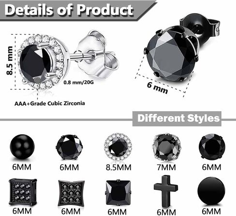 EIELO 10 Pairs Stud Earrings for Men Stainless Steel Studs Earrings for Men Women Cross CZ Round Black Earrings CZ Inlaid in Saudi Arabia