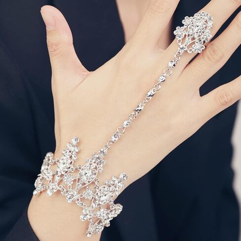 Xerling Rhinestone Finger Ring Bracelet for Women Dainty Crystal Hand Harness Slave Hand Chain Bracelets for Teen Girls Boho Hand Jewelry in Saudi Arabia