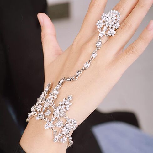 Xerling Rhinestone Finger Ring Bracelet for Women Dainty Crystal Hand Harness Slave Hand Chain Bracelets for Teen Girls Boho Hand Jewelry in Saudi Arabia