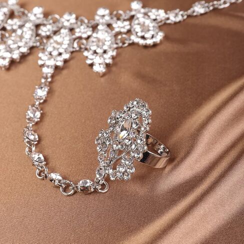 Xerling Rhinestone Finger Ring Bracelet for Women Dainty Crystal Hand Harness Slave Hand Chain Bracelets for Teen Girls Boho Hand Jewelry in Saudi Arabia