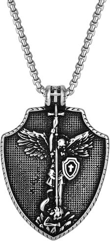Raymard Mens St Michael Archangel Sword and Shield Necklace, Stainless Steel Pendant Necklace for Men, 24" Rolo Chain St Michael Jewelry in Saudi Arabia
