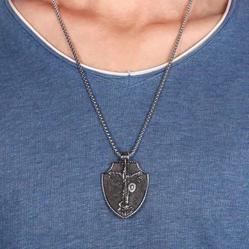 Raymard Mens St Michael Archangel Sword and Shield Necklace, Stainless Steel Pendant Necklace for Men, 24" Rolo Chain St Michael Jewelry in Saudi Arabia
