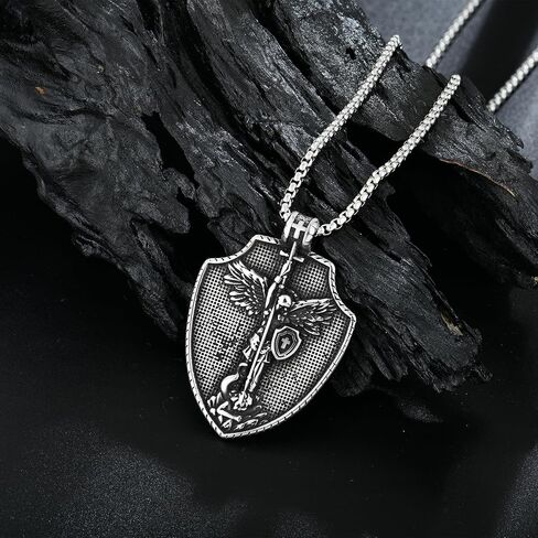 Raymard Mens St Michael Archangel Sword and Shield Necklace, Stainless Steel Pendant Necklace for Men, 24" Rolo Chain St Michael Jewelry in Saudi Arabia