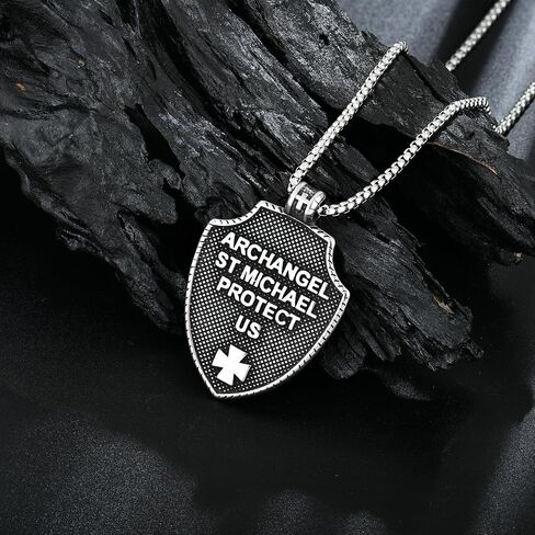 Raymard Mens St Michael Archangel Sword and Shield Necklace, Stainless Steel Pendant Necklace for Men, 24" Rolo Chain St Michael Jewelry in Saudi Arabia