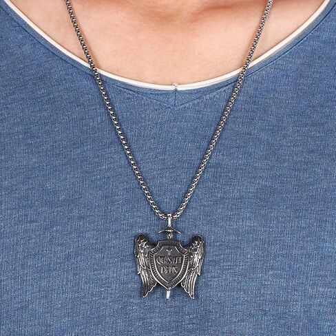 قلادة Raymard للرجال من St Michael Archangel Sword and Shield، قلادة من الفولاذ المقاوم للصدأ للرجال، سلسلة رولو مقاس 24 بوصة مجوهرات St Michael in Kuwait