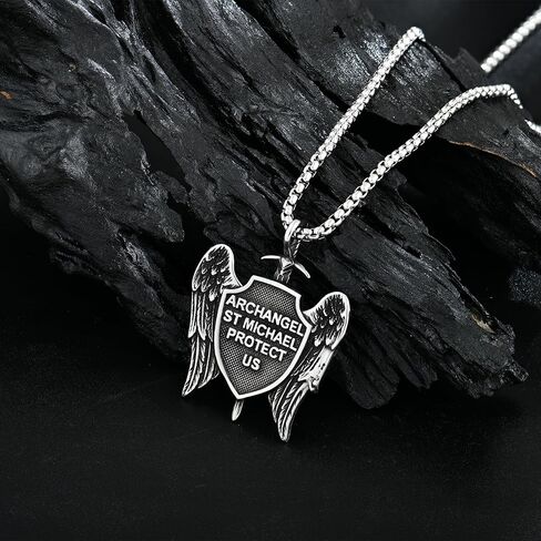قلادة Raymard للرجال من St Michael Archangel Sword and Shield، قلادة من الفولاذ المقاوم للصدأ للرجال، سلسلة رولو مقاس 24 بوصة مجوهرات St Michael in Kuwait