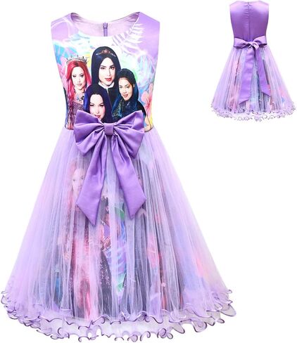 VARWANEO Descendants 3 Costume Dress Birthday Party Supplies Outfits for Girls Princess Dress Up Tulle Mesh Dress (Purple, 5-6X) in Kuwait