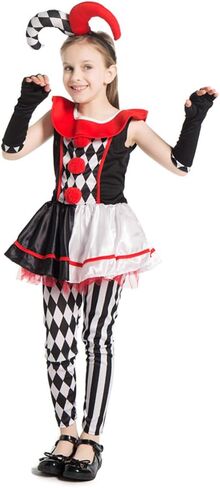 Megartico Halloween Kids Creepy Jester Clown زي الفتيات المخيف السيرك المهرج أزياء الحفلات in Kuwait