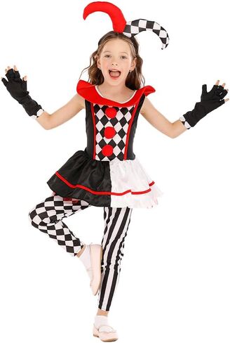 Megartico Halloween Kids Creepy Jester Clown زي الفتيات المخيف السيرك المهرج أزياء الحفلات in Kuwait
