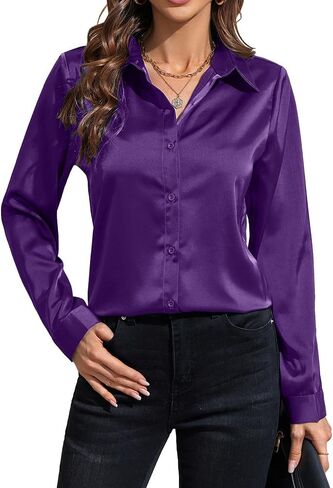 IBAOTORONI Women's Satin Button Down Shirts: Long Sleeve Classic Collared Silk Button Up Blouses Casual Work Tops in Saudi Arabia