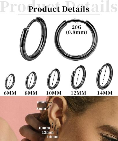 vegolita 10 أزواج 20 جرام 316l الفولاذ المقاوم للصدأ متمحور هوجي هوب الأقراط للرجال النساء الغضروف هوب الأقراط اللولب الزنمة فصوص النائم أقراط الأذن ثقب المجوهرات 6mm 8mm 10mm 12mm 14mm in Kuwait