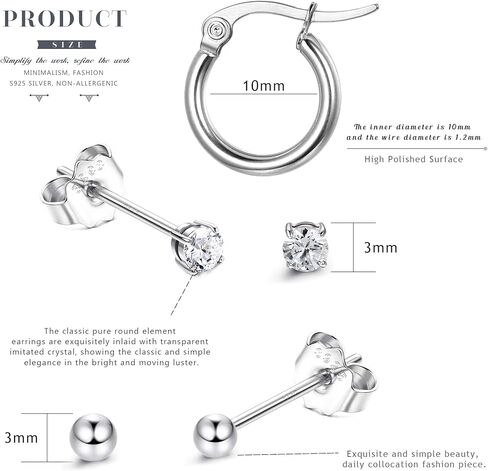 سلايس 3 ازواج من اقراط حلقية صغيرة من الفضة الاسترلينية عيار 925 3 ملم مرصعة بحجر زركونيا مكعب سواروفسكي للنساء والرجال مجموعة اقراط كروية دائرية لطيفة للذكرى السنوية in Kuwait
