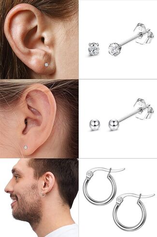 سلايس 3 ازواج من اقراط حلقية صغيرة من الفضة الاسترلينية عيار 925 3 ملم مرصعة بحجر زركونيا مكعب سواروفسكي للنساء والرجال مجموعة اقراط كروية دائرية لطيفة للذكرى السنوية in Kuwait