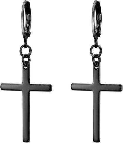 Dangle Stud Earrings,Flongo Men's Womens Stainless Steel Pearl Cross Dangle Hinged Stud Earrings,Piercing Christmas Cross Huggie Hoop Earrings Gift for Men Women Wedding Valentine's Day in Kuwait