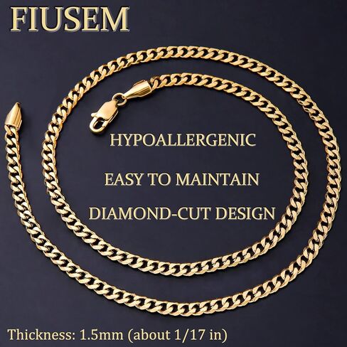 Fiusem سلسلة مطلية بالذهب 3.5 مم للرجال، سلسلة كوبية من الفولاذ المقاوم للصدأ بقطع الماس، قلادة سلسلة ذهبية من ميامي كوبان لينك للنساء والرجال، سلسلة للرجال 16، 18، 20، 22، 24، 26، 28 بوصة in Kuwait