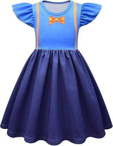 Ubeufun Blippii Dress Graphic Print Flutter Sleeve Blue Dress Outfit for Girls in Saudi Arabia