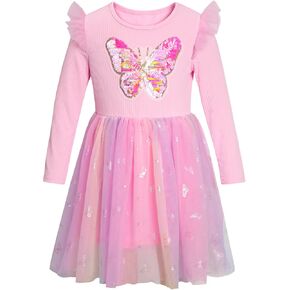Toddler Girl Tutu Dresses Sequin Butterfly Little Girls Long Sleeve Ruffle Tulle Birthday Party Flower Dress 1-5T