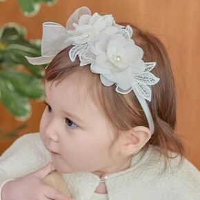 Floral Lace Hair Bow for Baby Girls Soft Stretch Headband for Newborns to Toddlers Baby Shower Birthday Hair Band 0-36 Months (White flower, Free) in Saudi Arabia