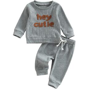 MERSARIPHY Baby Boy Girl Clothes Set 2pcs Waffle Letter Print Sweatshirt Long Sleeve Crewneck Pullover+Pant Sweatsuit Outfits