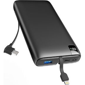IXNINE Portable Charger 27000mAh with Built in Cables, 22.5W Fast Charging USB C Power Bank, 4 Outputs 2 Inputs External Battery Pack Phone Charger for iPhone, Samsung, Tablets and More (Black)