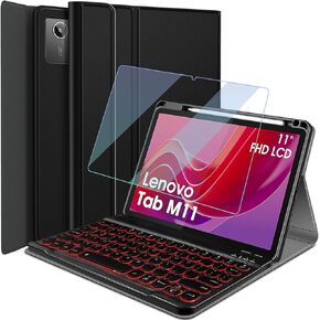 Backlit Keyboard Case for Lenovo Tab M11 2024 11 Inch with Screen Protector, 7 Colors Light Detachable Wireless Keyboard with PU Leather Folio Cover Case for Lenovo Tab M11 11" 2024 Release