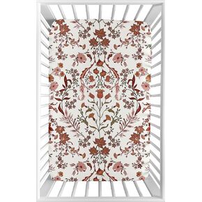 Sweet Jojo Designs Ivory and Orange Boho Vintage Floral Girl Fitted Mini Crib Sheet Baby Nursery Infant Newborn Bed Room Portable Pack n Play Mattress Bohemian Rust Leaf Botanical Green Fringe Tassel